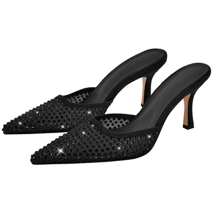 Pointed Toe Rhinestone Slip On Mules - Onlymaker
