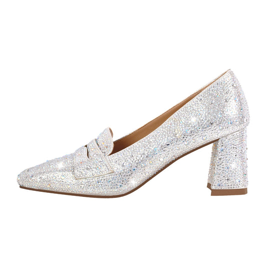 Silver Rhinestone Square Toe Chunky Heel Pumps - Onlymaker