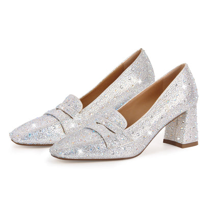 Silver Rhinestone Square Toe Chunky Heel Pumps - Onlymaker