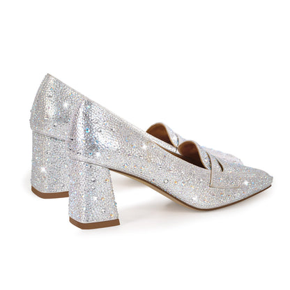 Silver Rhinestone Square Toe Chunky Heel Pumps - Onlymaker