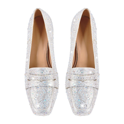 Silver Rhinestone Square Toe Chunky Heel Pumps - Onlymaker