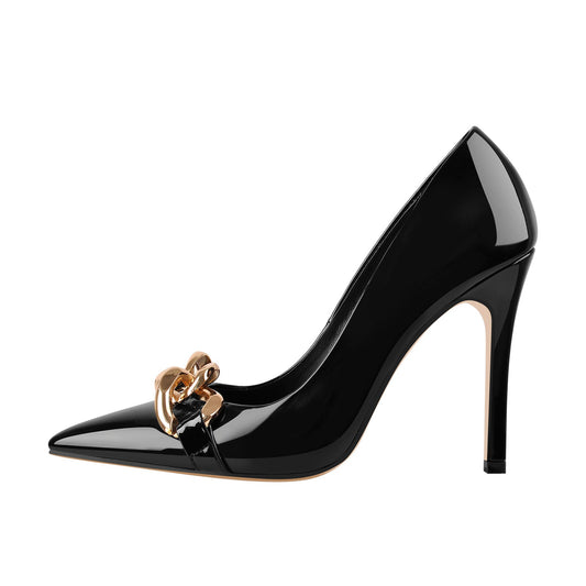Black Metal Chain Pointed Toe Patent High Heels Stiletto Pumps - Onlymaker