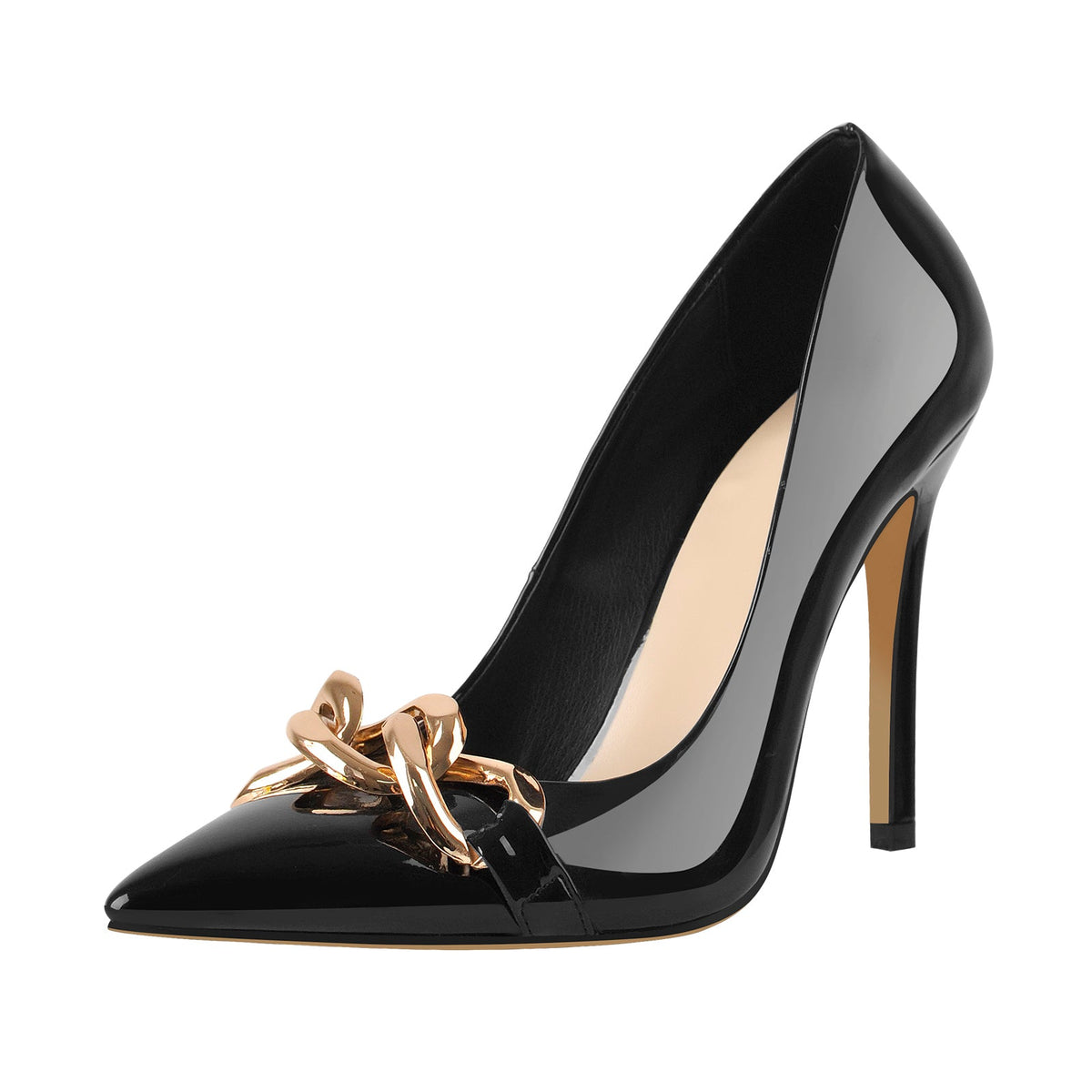 Black Metal Chain Pointed Toe Patent High Heels Stiletto Pumps - Onlymaker