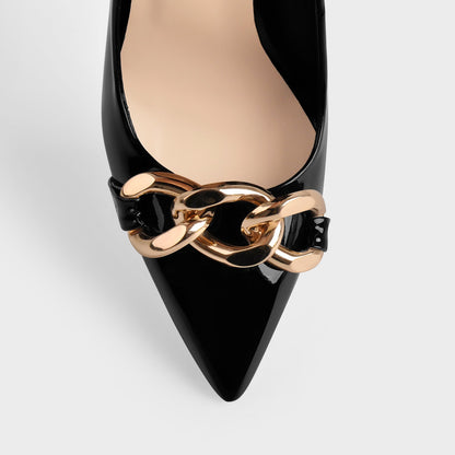 Black Metal Chain Pointed Toe Patent High Heels Stiletto Pumps - Onlymaker