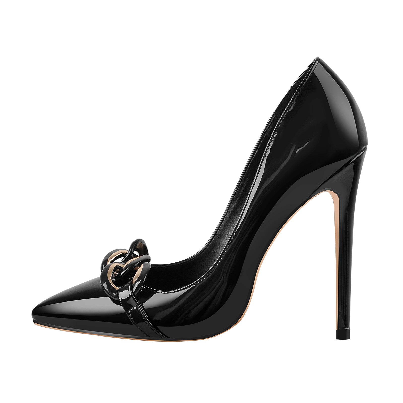Black Pointed Toe Metal Chain Stiletto Pumps - Onlymaker