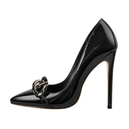 Black Pointed Toe Metal Chain Stiletto Pumps - Onlymaker
