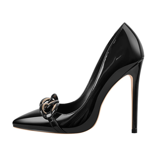 Black Pointed Toe Metal Chain Stiletto Pumps - Onlymaker