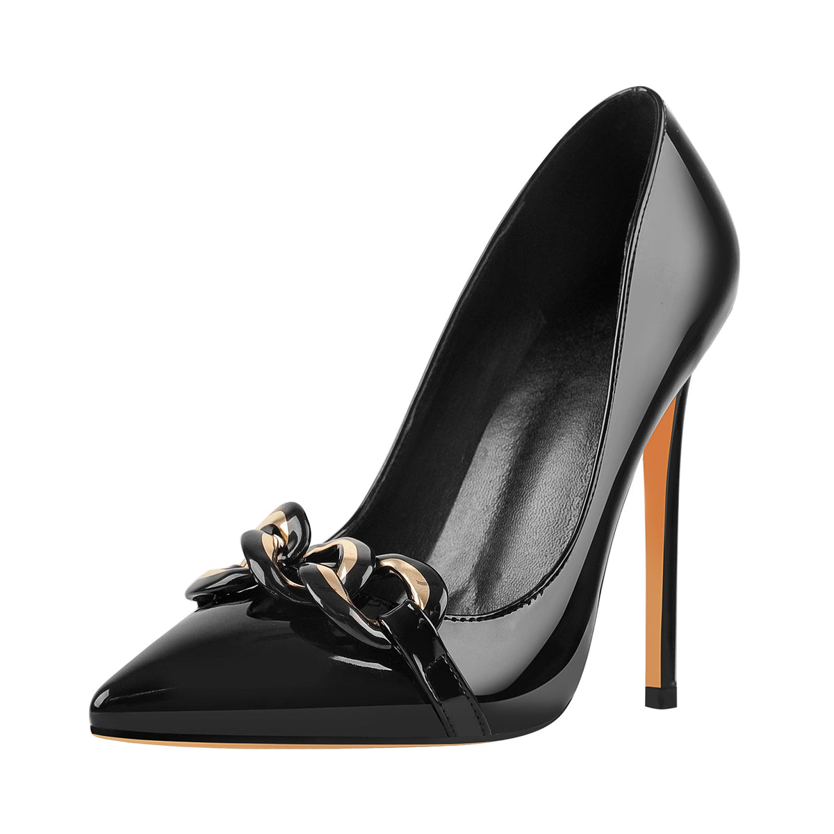 Black Pointed Toe Metal Chain Stiletto Pumps - Onlymaker