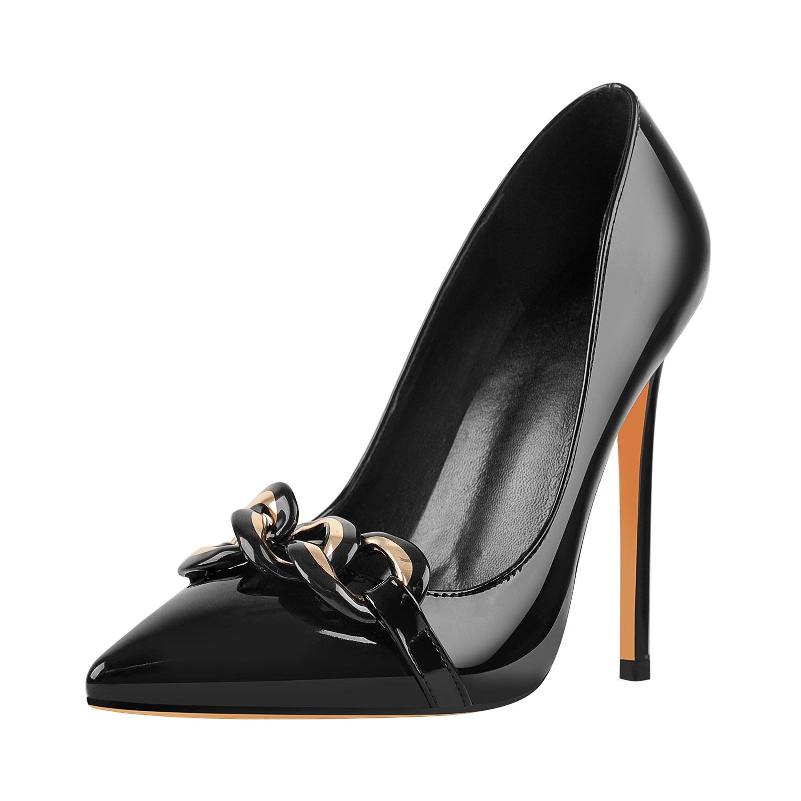 Black Pointed Toe Metal Chain Stiletto Pumps - Onlymaker