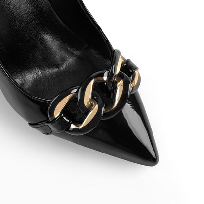 Black Pointed Toe Metal Chain Stiletto Pumps - Onlymaker