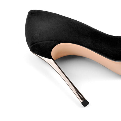 Black Suede Metal Heels Pointed Toe High Heel Pumps - Onlymaker