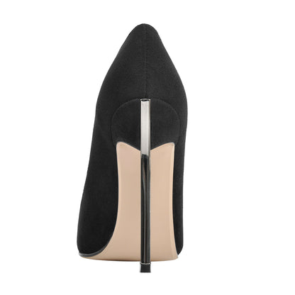 Black Suede Metal Heels Pointed Toe High Heel Pumps - Onlymaker