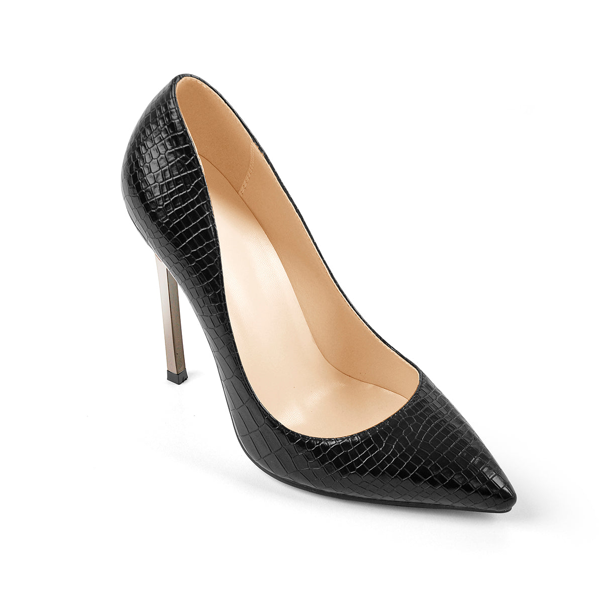 Black Leather Metal Heels Pointed Toe High Heel Pumps - Onlymaker