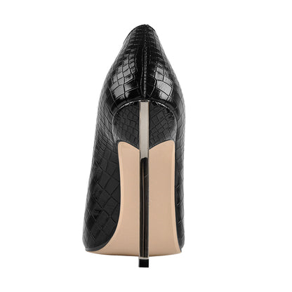Black Leather Metal Heels Pointed Toe High Heel Pumps - Onlymaker