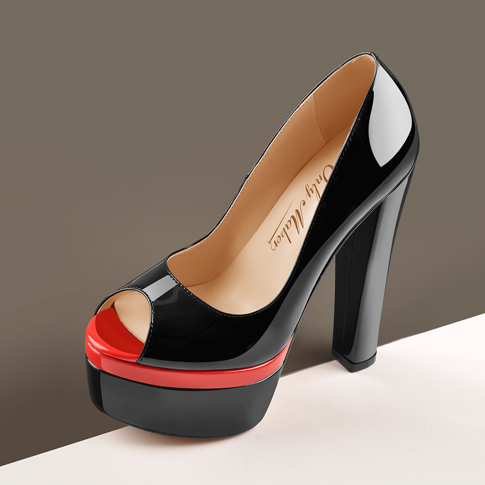 Black Peep Toe Double Platform Stiletto High Heel Pumps - Onlymaker