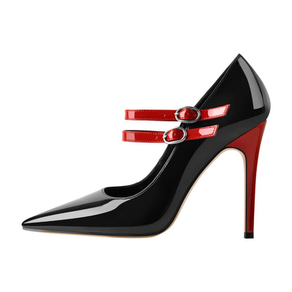 Pointed Toe Buckle Strap Patent Leather Stiletto Pumps - Onlymaker