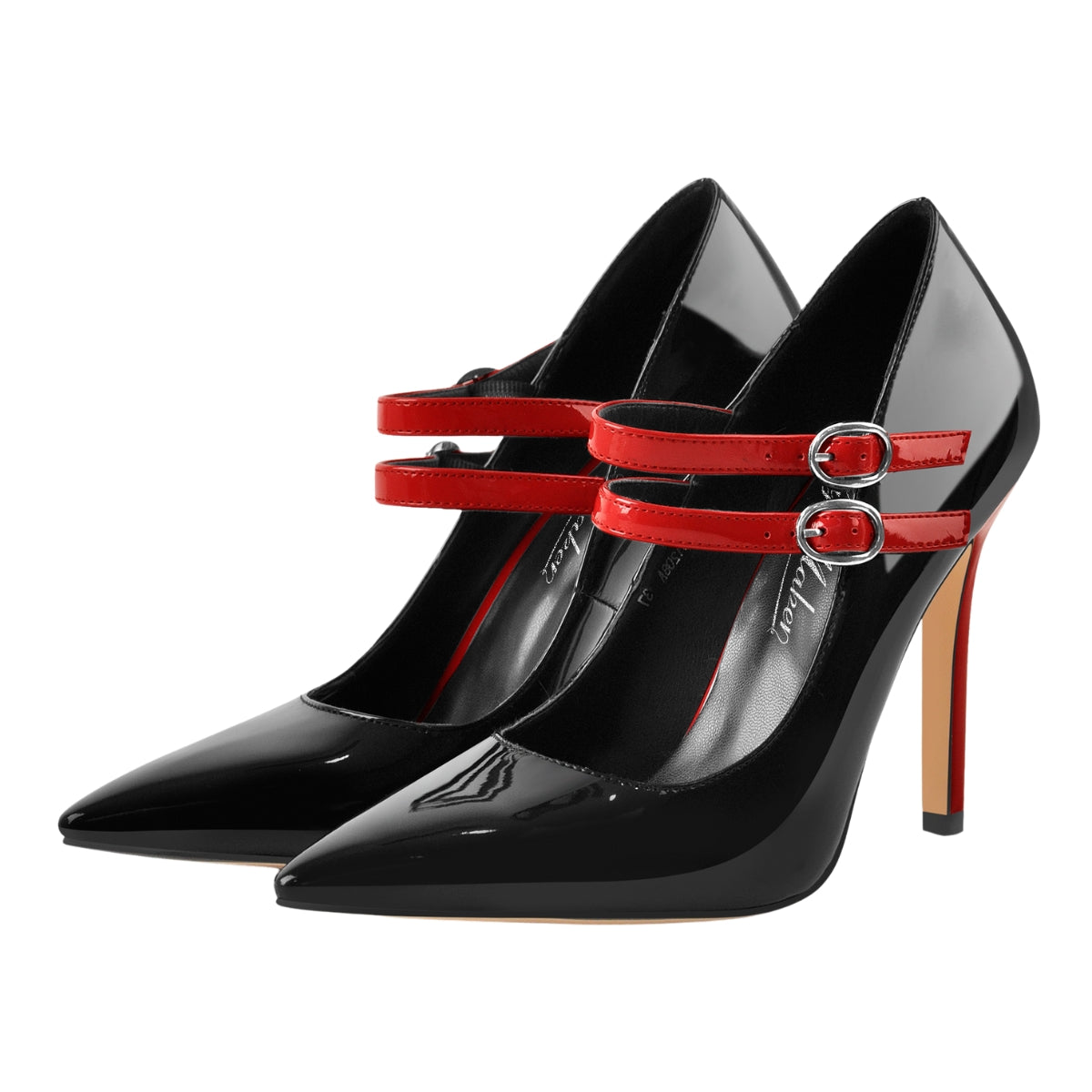 Pointed Toe Buckle Strap Patent Leather Stiletto Pumps - Onlymaker
