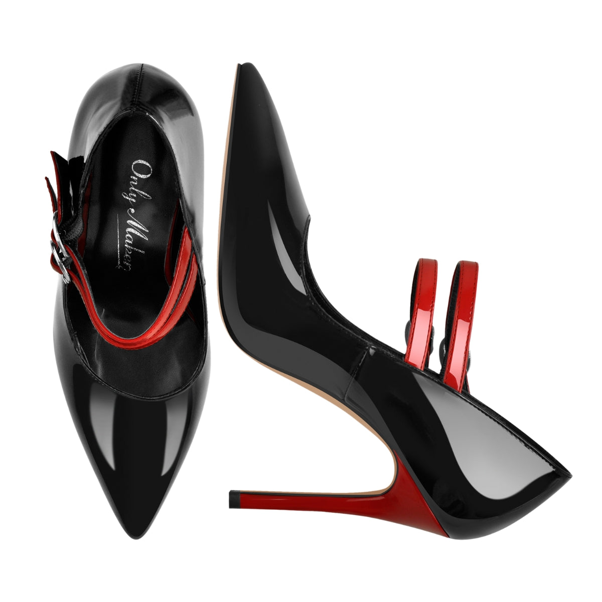 Pointed Toe Buckle Strap Patent Leather Stiletto Pumps - Onlymaker