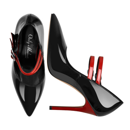 Pointed Toe Buckle Strap Patent Leather Stiletto Pumps - Onlymaker