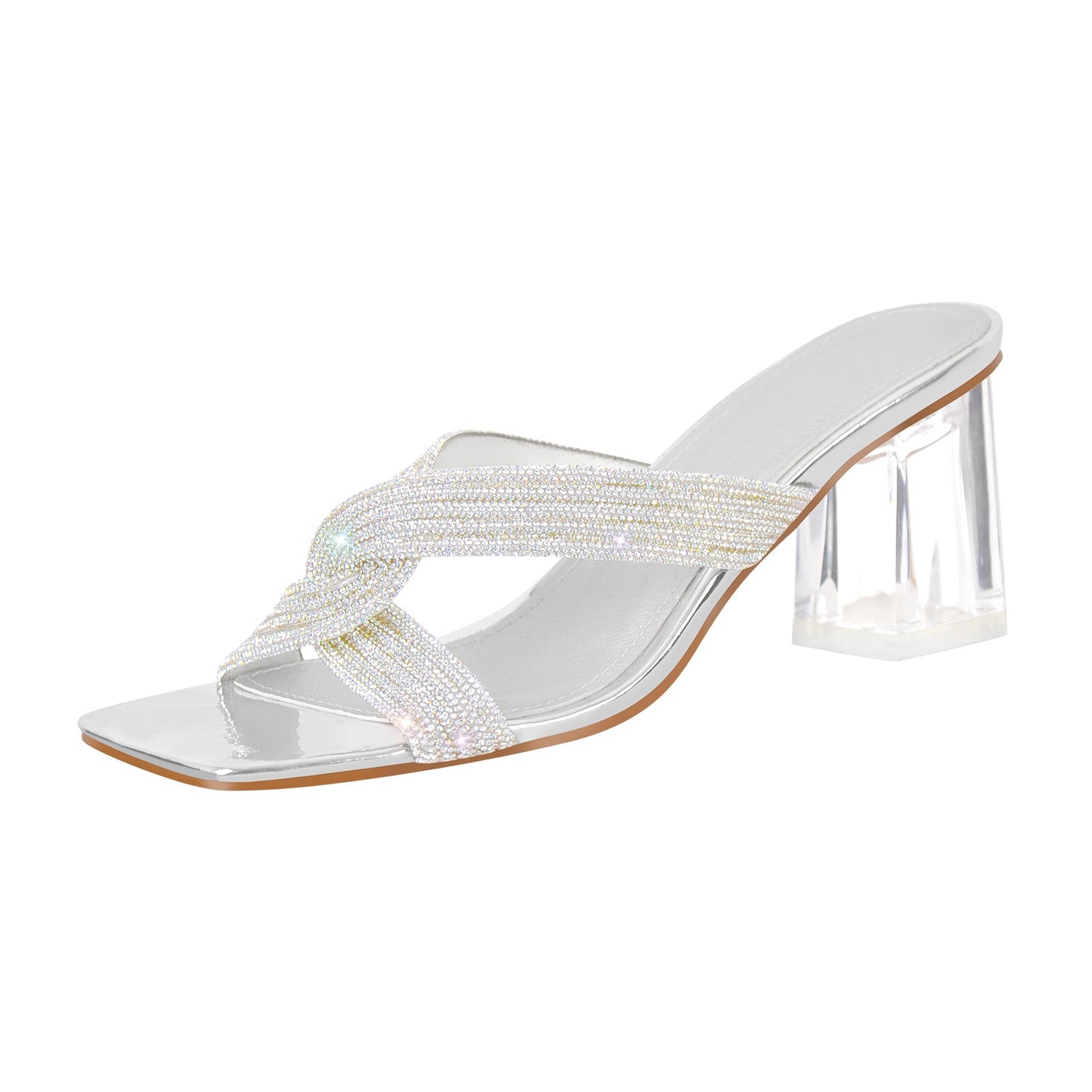 Rhinestone Strap Clear Block Sandals Mules - Onlymaker