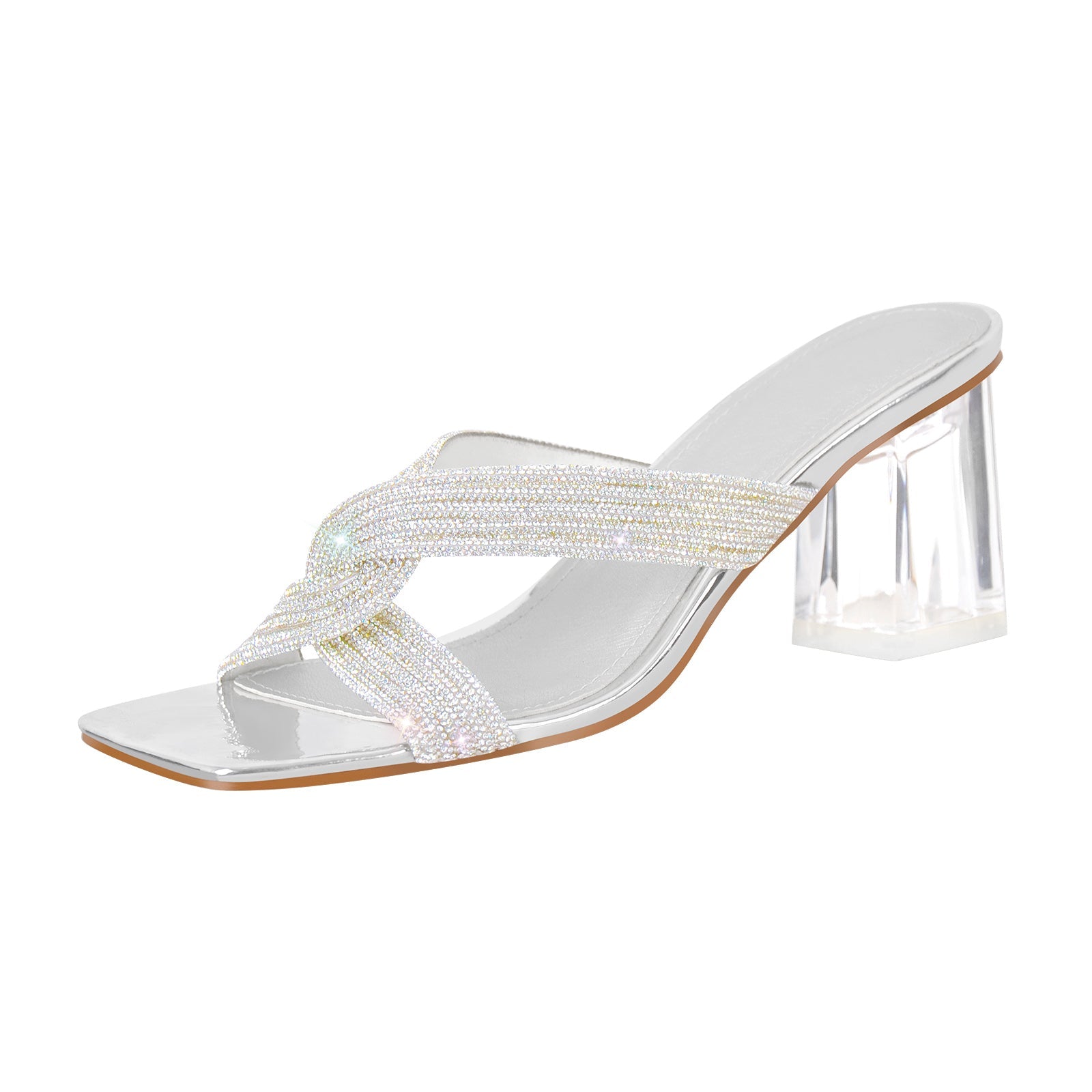 Rhinestone Strap Clear Block Sandals Mules - Onlymaker