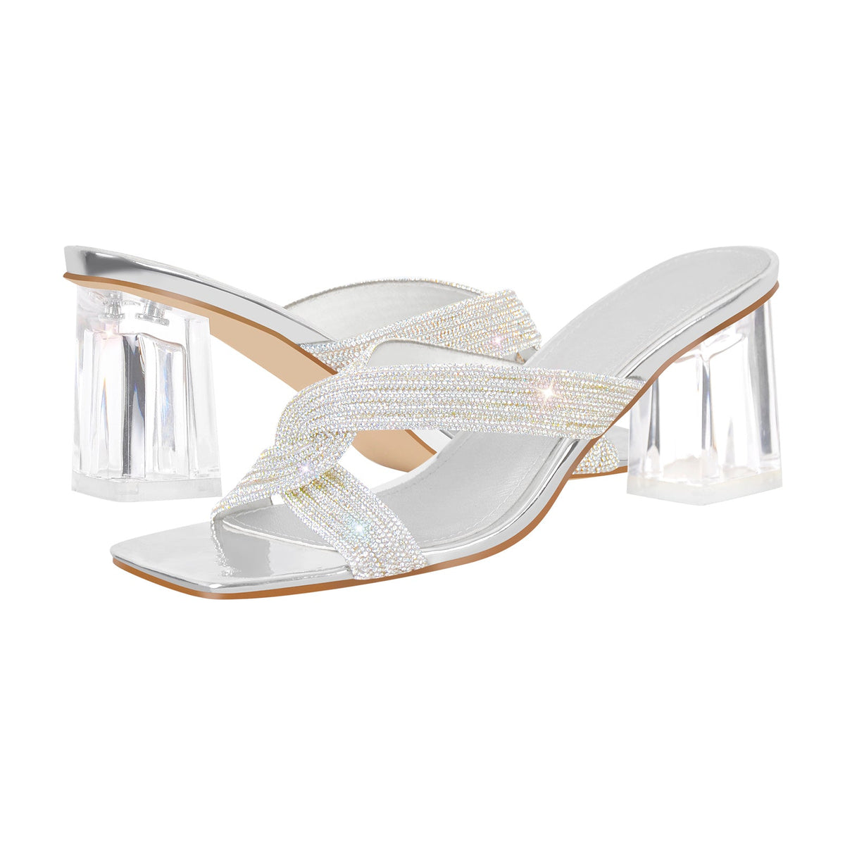 Rhinestone Strap Clear Block Sandals Mules - Onlymaker