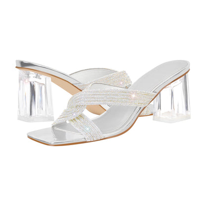 Rhinestone Strap Clear Block Sandals Mules - Onlymaker