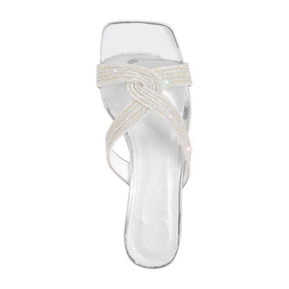Rhinestone Strap Clear Block Sandals Mules - Onlymaker