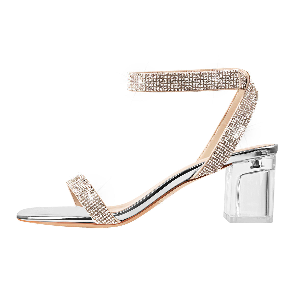 Rhinestone Strap Clear Block Chunky Sandals - Onlymaker