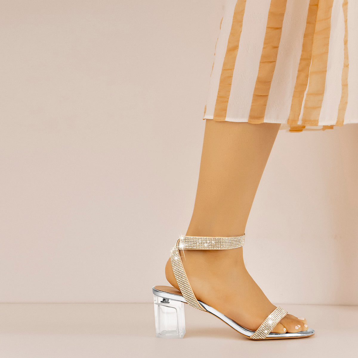 Rhinestone Strap Clear Block Chunky Sandals - Onlymaker
