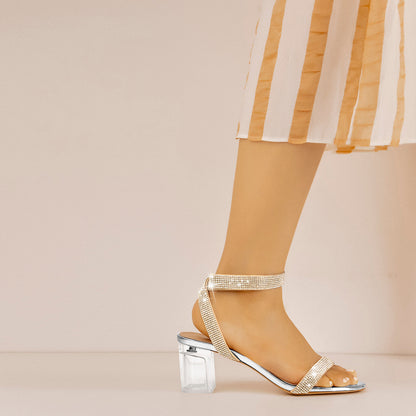 Rhinestone Strap Clear Block Chunky Sandals - Onlymaker