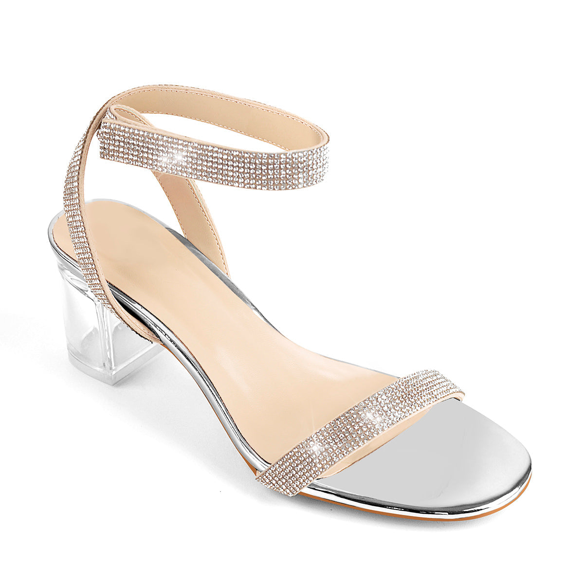 Rhinestone Strap Clear Block Chunky Sandals - Onlymaker