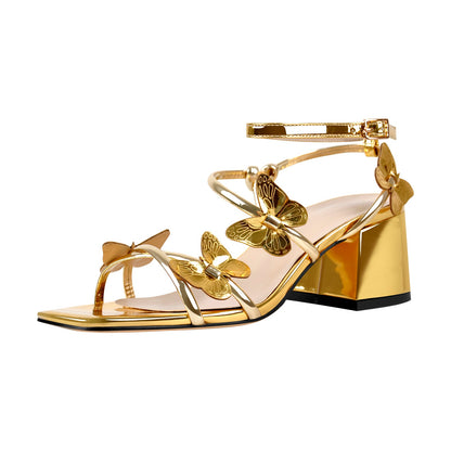 Ankle Strap Butterfly Decor Mid Chunky Heels Sandals - Onlymaker