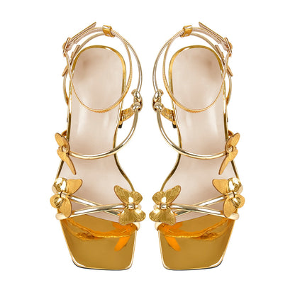 Ankle Strap Butterfly Decor Mid Chunky Heels Sandals - Onlymaker