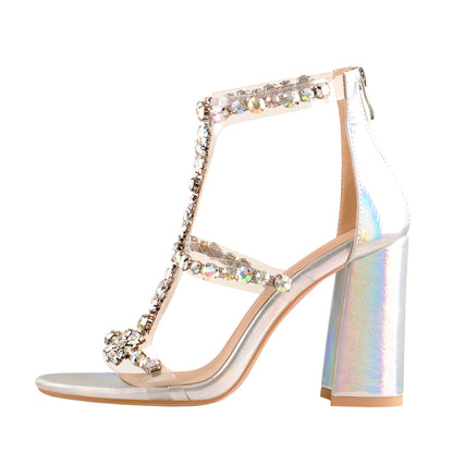 Open Toe Gem Rhinestone Transparent Strap Chunky Heel Sandals - Onlymaker