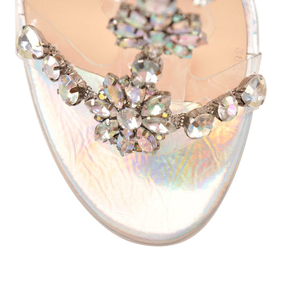 Open Toe Gem Rhinestone Transparent Strap Chunky Heel Sandals - Onlymaker
