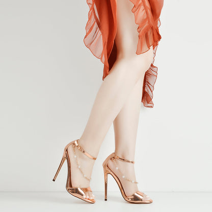 Pearl Metal Chain Ankle Strap Open Toe Sandals - Onlymaker