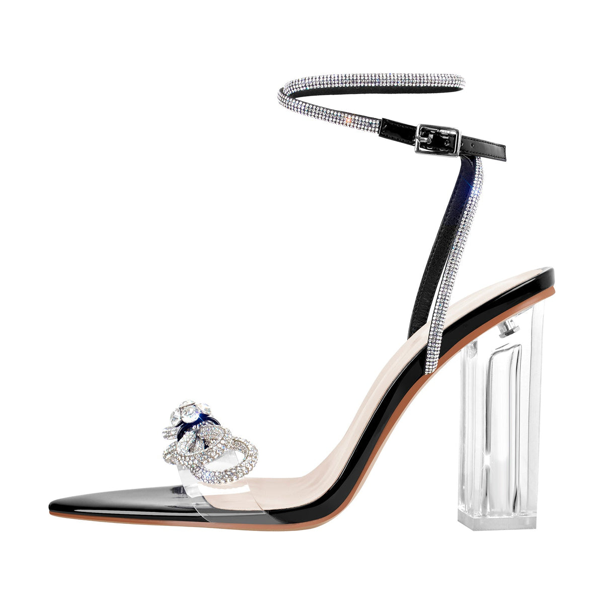 Rhinestone Bow Clear Chunky Heel Sandals - Onlymaker