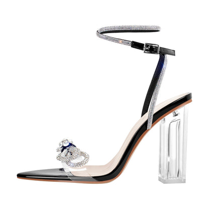 Rhinestone Bow Clear Chunky Heel Sandals - Onlymaker