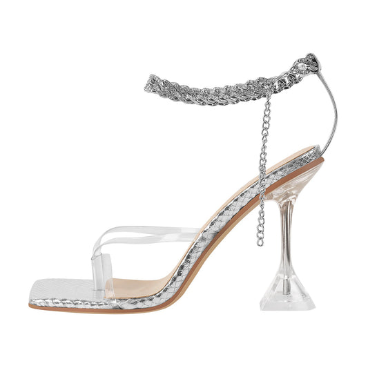 Silver Square Toe Metal Chain Tapered Heel Sandals - Onlymaker