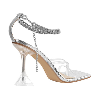 Silver Square Toe Metal Chain Tapered Heel Sandals - Onlymaker
