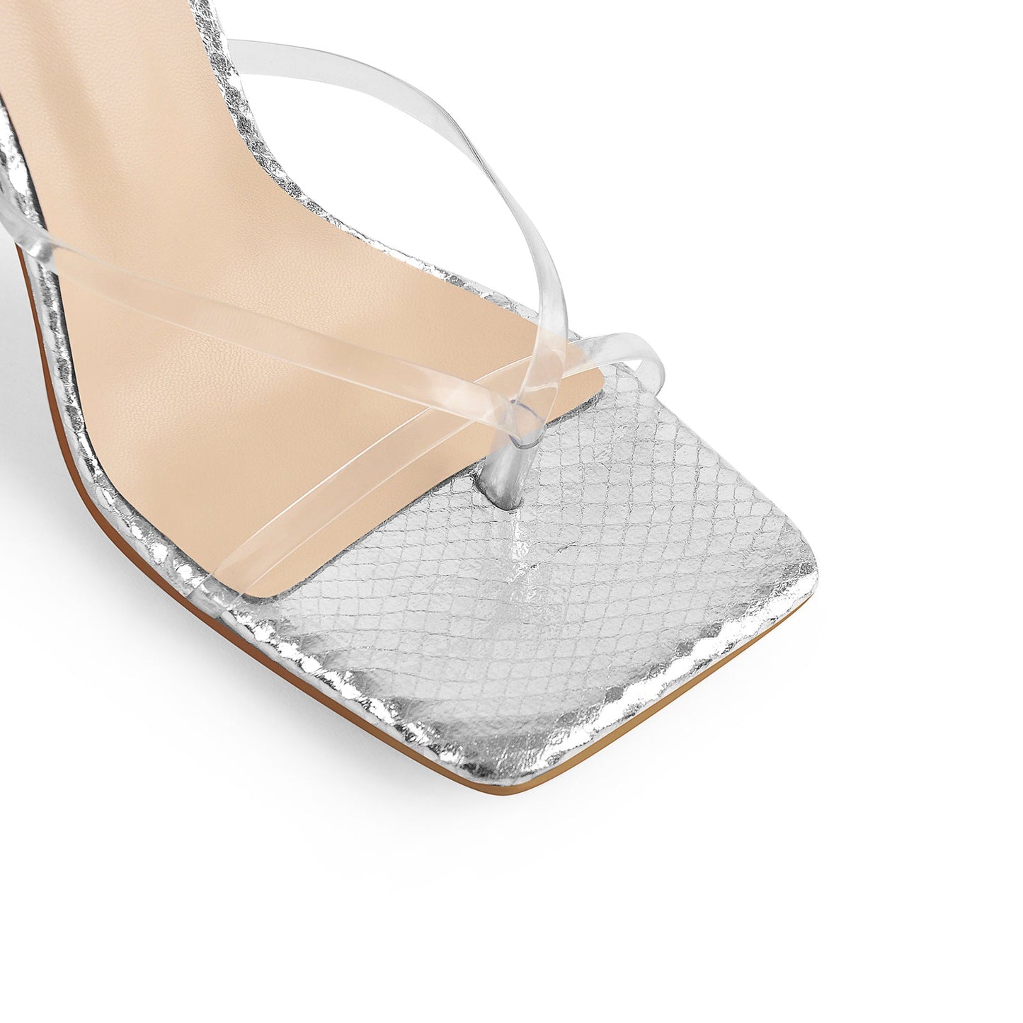 Silver Square Toe Metal Chain Tapered Heel Sandals - Onlymaker