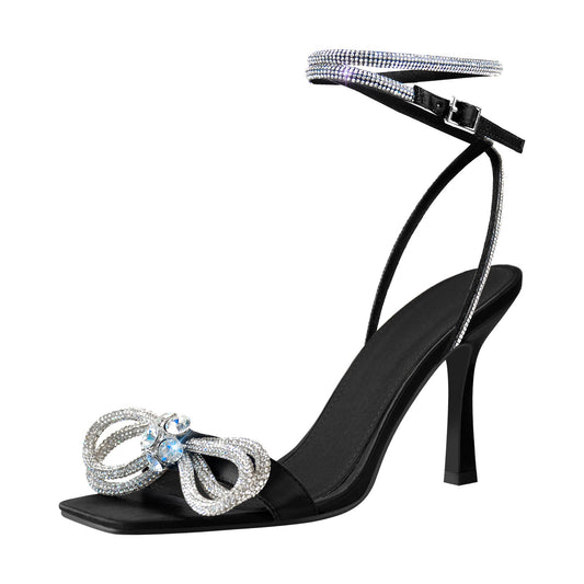 Square Toe Diamante Bow Rhinestone Ankle Strap Sandals - Onlymaker