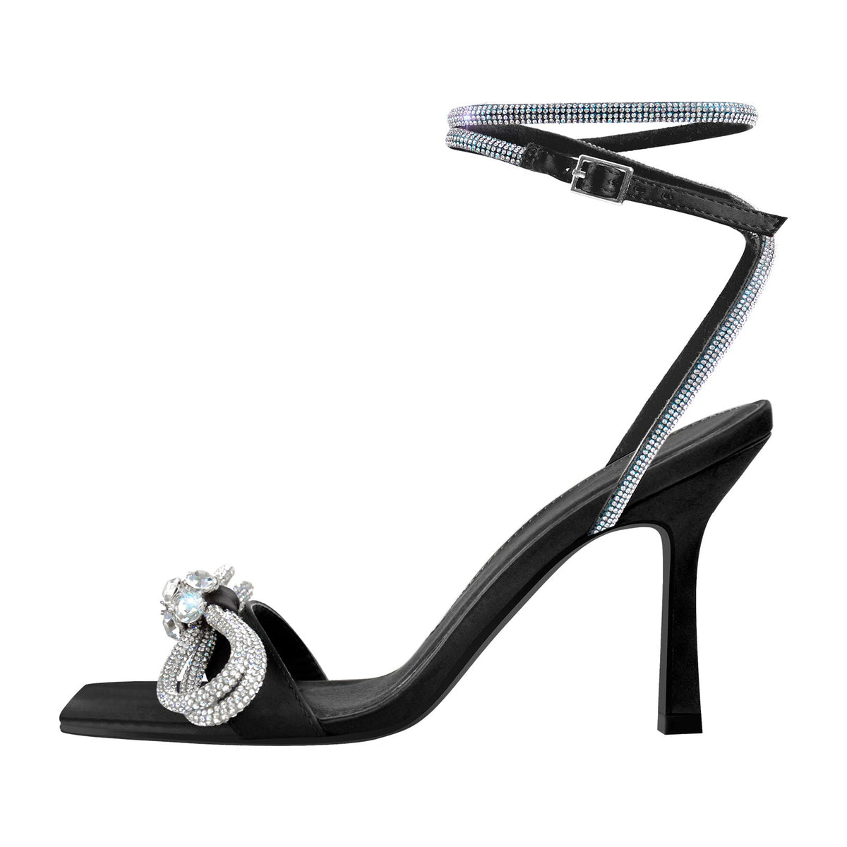 Square Toe Diamante Bow Rhinestone Ankle Strap Sandals - Onlymaker