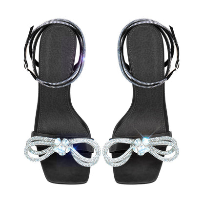 Square Toe Diamante Bow Rhinestone Ankle Strap Sandals - Onlymaker