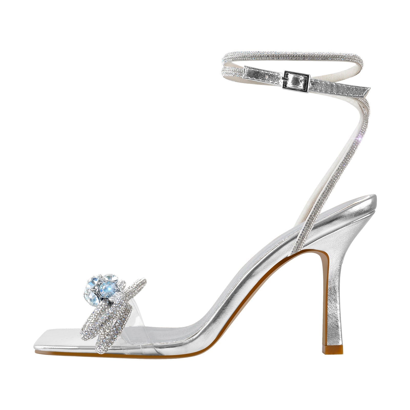 Square Toe Diamante Bow Rhinestone Ankle Strap Sandals - Onlymaker