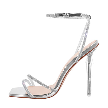 Rhinestone Square Toe Ankle Strap Clear Heel Sandals - Onlymaker