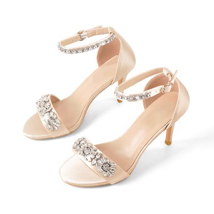 Rhinestone Embellished Ankle Strap White Sandals - Onlymaker
