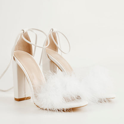 Fluffy Feather Chunky High Heel Sandals - Onlymaker