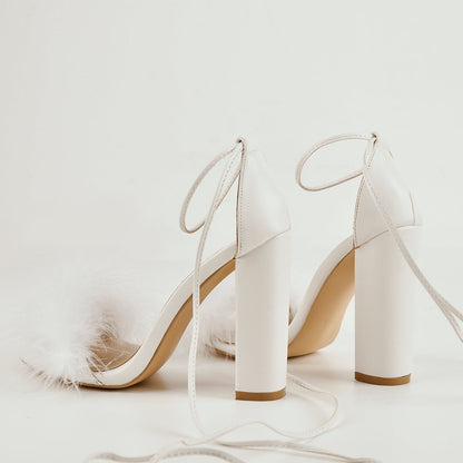 Fluffy Feather Chunky High Heel Sandals - Onlymaker